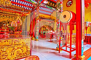 Prayer hall with chineese drum of Lao Pun Tao Kong shrine in Chinatown of Bangkok, Thailand