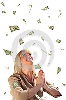 Prayer middleaged businesswoman and dollar fall