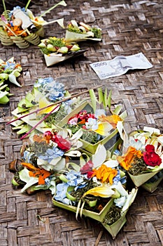 Prayer Offerings at Gua Gajah, Bali, Indonesia photo