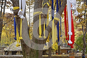 Prayer ribbons in autumn color at Namsangol traditional folk village, Seoul, South Korea- NOVEMBER 2013