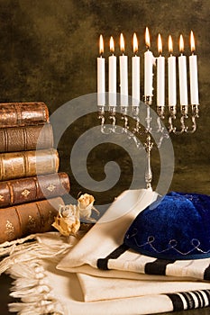 Prayer shawl and hanukkah photo