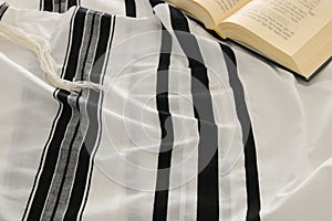 Prayer Shawl - Tallit and Prayer book jewish religious symbols. Rosh hashanah jewish New Year holiday, Shabbat and Yom kippur co