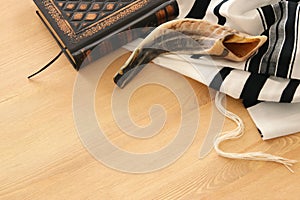 Prayer Shawl - Tallit, Prayer book and Shofar horn jewish religious symbols. Rosh hashanah jewish New Year holiday, Shabbat an