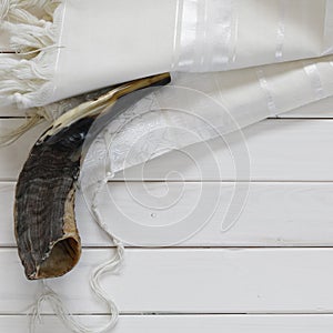 Prayer Shawl - Tallit, and Shofar (horn). Jewish religious symbols