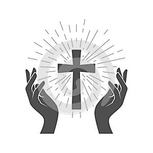 Prayer symbol, shining Crucifix and hands of believer, holy cross worship