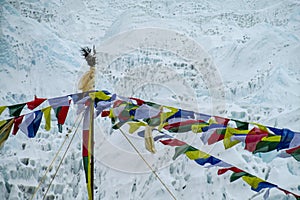 Prayer tibet and nepali flags in Himalaya mountains, Nepal