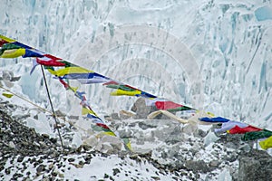 Prayer tibet and nepali flags in Himalaya mountains, Nepal