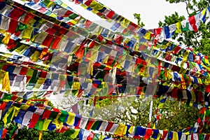 Prayer tibet and nepali flags in Himalaya mountains, Nepal