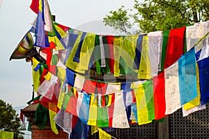 Prayer tibet and nepali flags in Himalaya mountains, Nepal