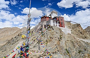 Prayer tibetan flags near the in Leh Palace, Ladakh