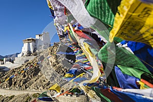 Prayer tibetan flags near the Namgyal Tsemo Monastery in Leh, La