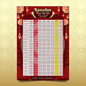 Prayer Time Table Template in Ramadan with Red and Gold Background