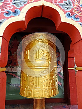 Prayer wheel at Lhakhang Karpo temple in Haa valley located in Paro, Bhutan