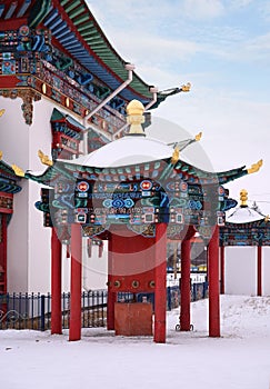 Prayer wheel on the territory of the Rinpoche Bagsha Buddhist Monastery in Ulan-Ude in the Republic of Buryatia, Russia