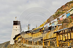 Prayer wheels around monastery in Shigatse, Tibet