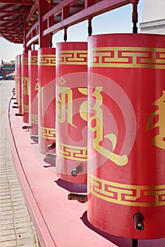 Prayer wheels in Buddhist complex Golden Abode of Buddha Shakyamuni. Elista. Russia