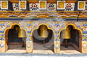 Prayer wheels at  Chimi Lhakhang monastery close to Punakha, Bhutan