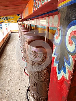 Prayer wheels in Langmusi, Sichuan, China.