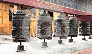 Prayer wheels in Nepal village, Landscape in Annapurna circuit,trekking in Nepal