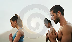 Prayer, yoga class or people in outdoor meditation for wellness, peace and mindfulness in nature. Breathing, spiritual