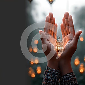 Prayerful moment Hand raised in prayer for Ramadan background photo