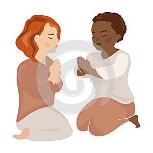 Praying African American and Caucasian children girl and boy. vector illustration.Religion, christianity, faith concept.