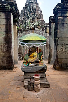 Praying altar of Bayon temple part of Angkor Wat ancient ruin, Cambodia.