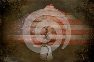 Praying American Flag Hands With Military Dog Tags