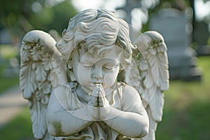 Praying angel child statue at cemetery