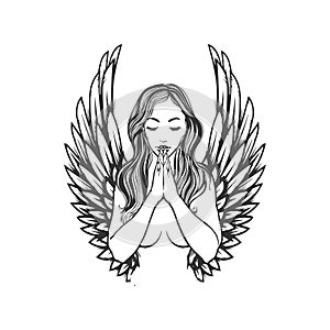 Praying angel tattoo design, pretty woman praying vector illustration
