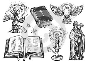 Praying angel with wings, Holy Bible book, Lit candle, Flying dove messenger, Bishop. Religion illustration set