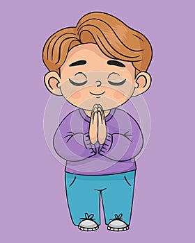 Praying boy with folded hands in prayer. Religious believer male child character. Kids collection.