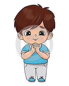 Praying boy in full growth with folded hands in prayer. Religious believer male child character. Kids collection.