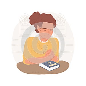 Praying in the church isolated cartoon vector illustration.