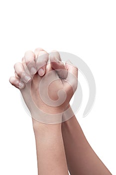 Praying hand sign, two woman`s palm are clasped all together. hand language concept