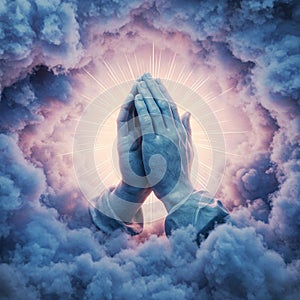Praying Hands in a Celestial Blue Cloudscape