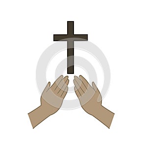 Praying hands cross background