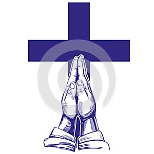 Praying Hands , cross, symbol of Christianity hand drawn vector illustration sketch