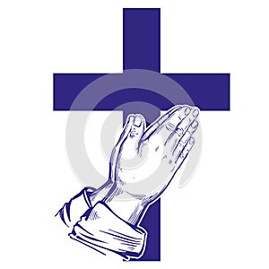 Praying Hands , cross, symbol of Christianity hand drawn vector illustration sketch