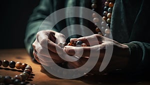 Praying hands hold rosary beads, symbolizing love and spirituality generated by AI