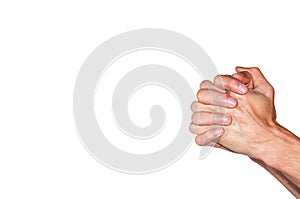 Praying hands. Hands of a male praying on the white background.