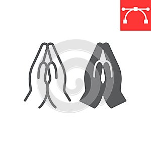 Praying hands line and glyph icon, religion and namaste, hands folded in prayer vector icon, vector graphics, editable