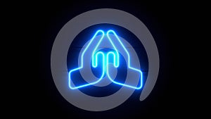 Praying Hands neon sign appear in center and disappear after some time. Loop animation of blue neon icon