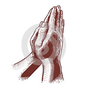 Praying hands, prayer on bible, blessing religious hand drawn vector illustration