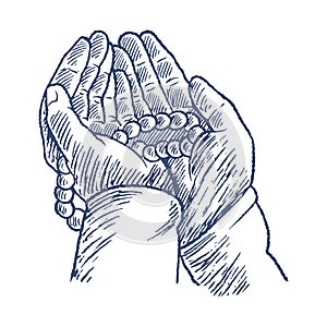 Praying hands with rosary, hand drawn vintage engraving sketch vector illustration. A human prays, holding a rosary in his hands