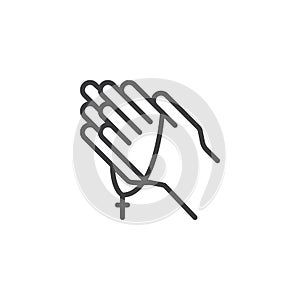 Praying hands with rosary outline icon