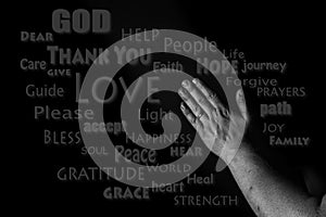 Praying Hands Word Cloud. Hands of a man praying in the dark.