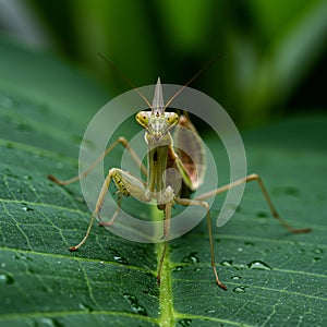 A praying mantis (Mantodea) is perched on a vibrant green leaf, showcasing its