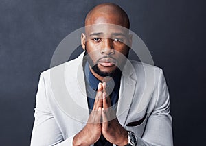 Praying, portrait and business man with faith for career, job or opportunity, asking god for help and support. Corporate