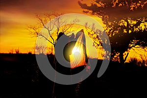 Praying time . Silhouette of young woman praying to god .